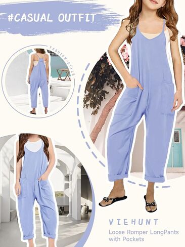 viehunt Girls Casual Loose Fit Modal Jumpsuits Spaghetti Strap Sleeveless Summer 2025 Fashion Solid Romper with Pockets in Saudi Arabia