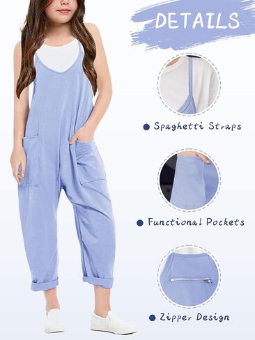 viehunt Girls Casual Loose Fit Modal Jumpsuits Spaghetti Strap Sleeveless Summer 2025 Fashion Solid Romper with Pockets in Saudi Arabia