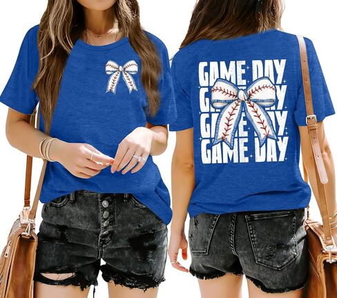 Baseball Shirt Women: Baseball Bow Graphic Tops Baseball Mom T Shirt Game Day Short Sleeve Tops in Saudi Arabia