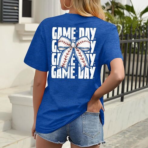 Baseball Shirt Women: Baseball Bow Graphic Tops Baseball Mom T Shirt Game Day Short Sleeve Tops in Saudi Arabia