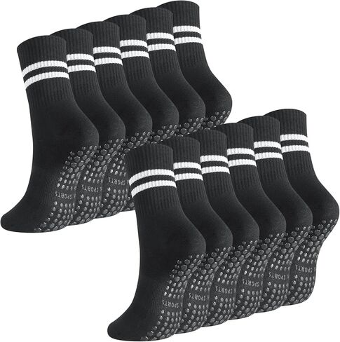 Jspupifip 6 Pairs Grip Pilates Socks Women, Non Slip Yoga Stripe Grippy Crew Breathable Cotton Socks for Ballet Dance in Kuwait