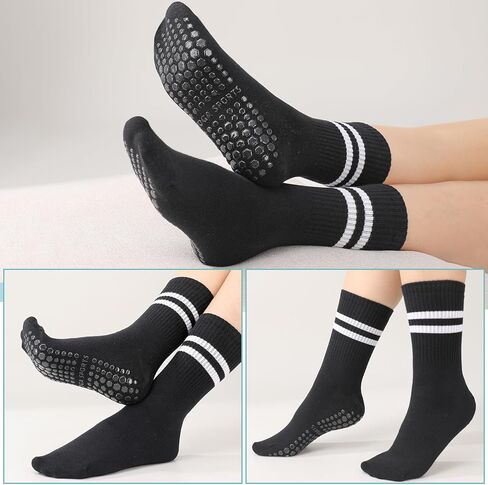 Jspupifip 6 Pairs Grip Pilates Socks Women, Non Slip Yoga Stripe Grippy Crew Breathable Cotton Socks for Ballet Dance in Kuwait