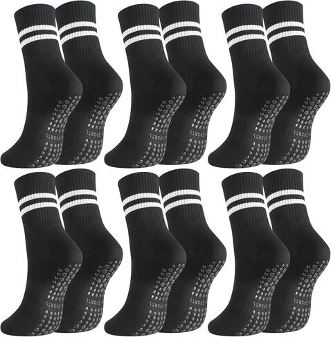 Jspupifip 6 Pairs Grip Pilates Socks Women, Non Slip Yoga Stripe Grippy Crew Breathable Cotton Socks for Ballet Dance in Kuwait