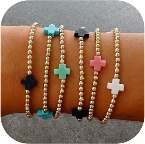 choice of all Gold Bracelets for Women Trendy Beaded Bracelet Non Tarnish Stack Cross Pearl Beaded Stretch Bracelets Jewelry Gifts for Women in Saudi Arabia