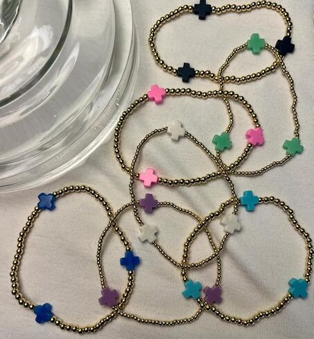 choice of all Gold Bracelets for Women Trendy Beaded Bracelet Non Tarnish Stack Cross Pearl Beaded Stretch Bracelets Jewelry Gifts for Women in Saudi Arabia