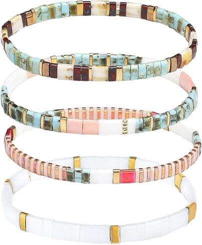 jadive 4 pcs tila مسطحة أساور تمتد للنساء للنساء الصداقة البوهيمية حبة الأساور الزجاج لطيف بوهو على غرار ديكورات مربعة للخرز لمجوهرات صديقها الهدايا in Kuwait