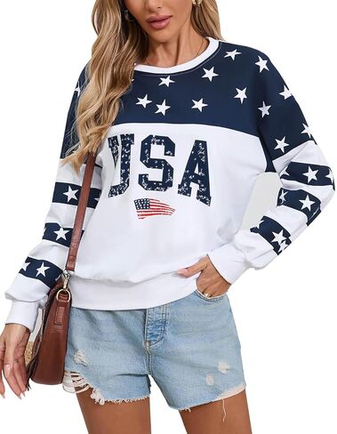 Womens USA Sweatshirt, Long Sleeve Crewneck Pullover with American Flag & Stripes Star Print - Casual Top in Kuwait