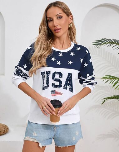 Womens USA Sweatshirt, Long Sleeve Crewneck Pullover with American Flag & Stripes Star Print - Casual Top in Kuwait