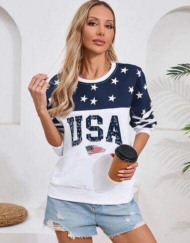 Womens USA Sweatshirt, Long Sleeve Crewneck Pullover with American Flag & Stripes Star Print - Casual Top in Kuwait