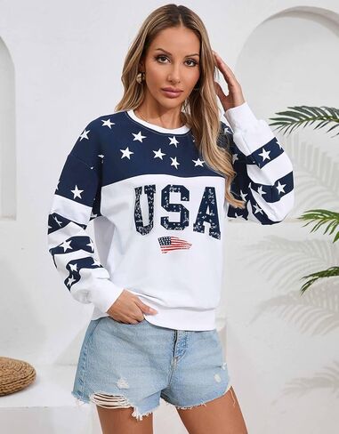 Womens USA Sweatshirt, Long Sleeve Crewneck Pullover with American Flag & Stripes Star Print - Casual Top in Kuwait