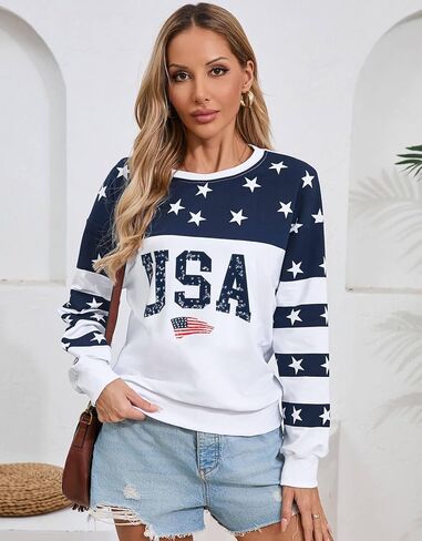 Womens USA Sweatshirt, Long Sleeve Crewneck Pullover with American Flag & Stripes Star Print - Casual Top in Kuwait