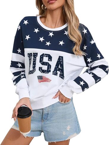 Womens USA Sweatshirt, Long Sleeve Crewneck Pullover with American Flag & Stripes Star Print - Casual Top in Kuwait