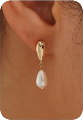 Pearl Earrings-14K Gold Plated Dainty Pearl Drop Simple Wedding CZ Dangle Dangling Cute Stud Earrings for Brides Earrings for Women Gifts in Saudi Arabia