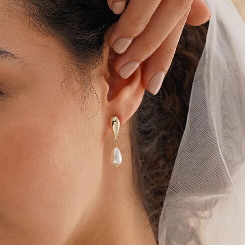 Pearl Earrings-14K Gold Plated Dainty Pearl Drop Simple Wedding CZ Dangle Dangling Cute Stud Earrings for Brides Earrings for Women Gifts in Saudi Arabia
