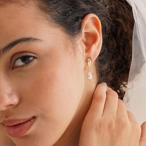 Pearl Earrings-14K Gold Plated Dainty Pearl Drop Simple Wedding CZ Dangle Dangling Cute Stud Earrings for Brides Earrings for Women Gifts in Saudi Arabia