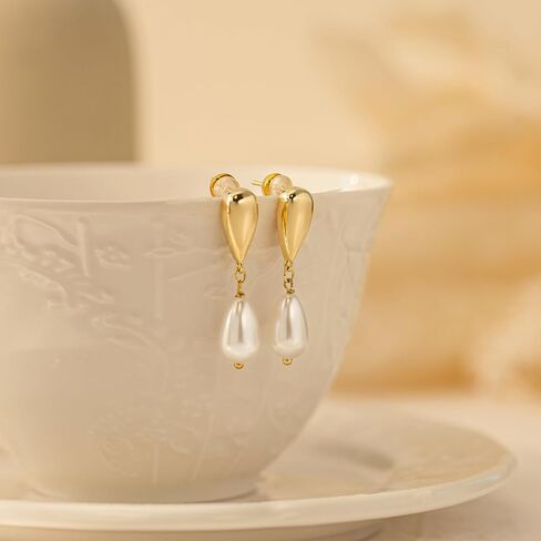 Pearl Earrings-14K Gold Plated Dainty Pearl Drop Simple Wedding CZ Dangle Dangling Cute Stud Earrings for Brides Earrings for Women Gifts in Saudi Arabia