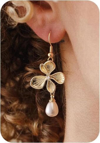 Pearl Earrings-14K Gold Plated Dainty Pearl Drop Simple Wedding CZ Dangle Dangling Cute Stud Earrings for Brides Earrings for Women Gifts in Saudi Arabia