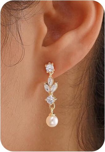 Pearl Earrings-14K Gold Plated Dainty Pearl Drop Simple Wedding CZ Dangle Dangling Cute Stud Earrings for Brides Earrings for Women Gifts in Kuwait