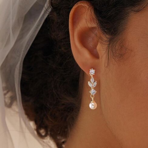 Pearl Earrings-14K Gold Plated Dainty Pearl Drop Simple Wedding CZ Dangle Dangling Cute Stud Earrings for Brides Earrings for Women Gifts in Kuwait