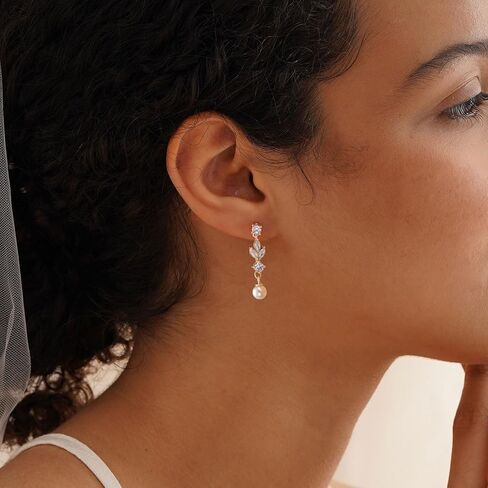 Pearl Earrings-14K Gold Plated Dainty Pearl Drop Simple Wedding CZ Dangle Dangling Cute Stud Earrings for Brides Earrings for Women Gifts in Kuwait