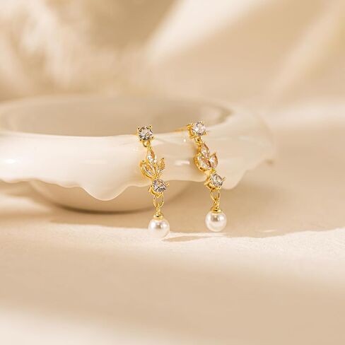 Pearl Earrings-14K Gold Plated Dainty Pearl Drop Simple Wedding CZ Dangle Dangling Cute Stud Earrings for Brides Earrings for Women Gifts in Kuwait