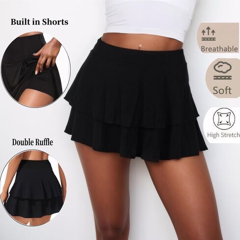 Pleated Ruffle Mini Skort Women High Stretchy Sexy Skirt with Shorts Underneath 2025 in Kuwait