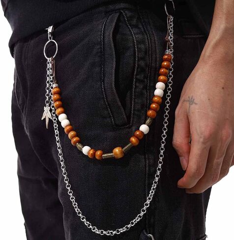 Punk Pant Chains for Men Gothic Wallet Chains Hip Hop Pocket Jeans Chain Wood Beaded Trousers Chain Layered Rock Chains in Kuwait