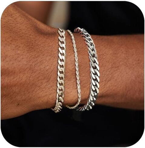 3Pcs Stainless Steel Mens Bracelet,Adjustable Sturdy Silver Cuban Chain Bracelet Set for Men in Saudi Arabia