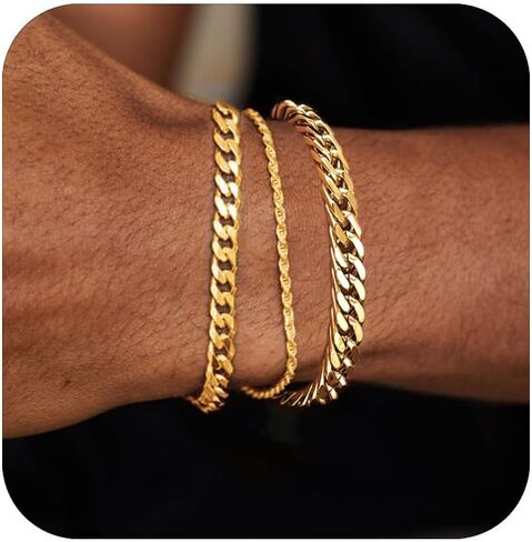 3Pcs Stainless Steel Mens Bracelet,Adjustable Sturdy Silver Cuban Chain Bracelet Set for Men in Saudi Arabia
