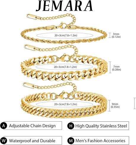 3Pcs Stainless Steel Mens Bracelet,Adjustable Sturdy Silver Cuban Chain Bracelet Set for Men in Saudi Arabia