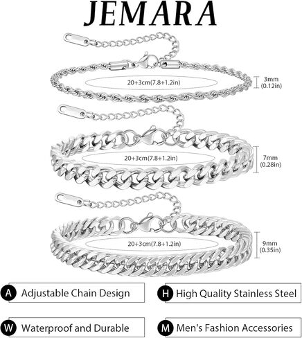 3Pcs Stainless Steel Mens Bracelet,Adjustable Sturdy Silver Cuban Chain Bracelet Set for Men in Saudi Arabia