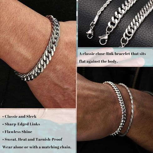 3Pcs Stainless Steel Mens Bracelet,Adjustable Sturdy Silver Cuban Chain Bracelet Set for Men in Saudi Arabia