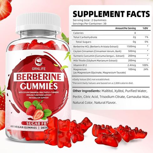 Berberine Gummies with Ceylon Cinnamon 1500mg High Potency Berberine HCL Supplement for Immune and Metabolism Support, Sugar Free Organic Berberine Gummies Strawberry Flavor - 60 Count in Saudi Arabia