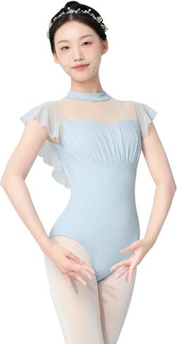 Women's Ballet Leotards with Mesh Splicing, Ruffle Sleeve Dance Bodysuit with Full Front Lining in Kuwait