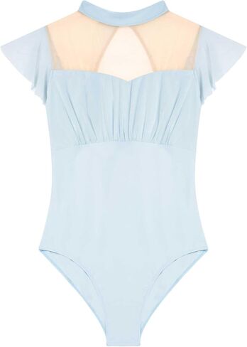 Women's Ballet Leotards with Mesh Splicing, Ruffle Sleeve Dance Bodysuit with Full Front Lining in Kuwait