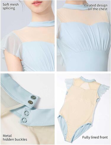 Women's Ballet Leotards with Mesh Splicing, Ruffle Sleeve Dance Bodysuit with Full Front Lining in Kuwait