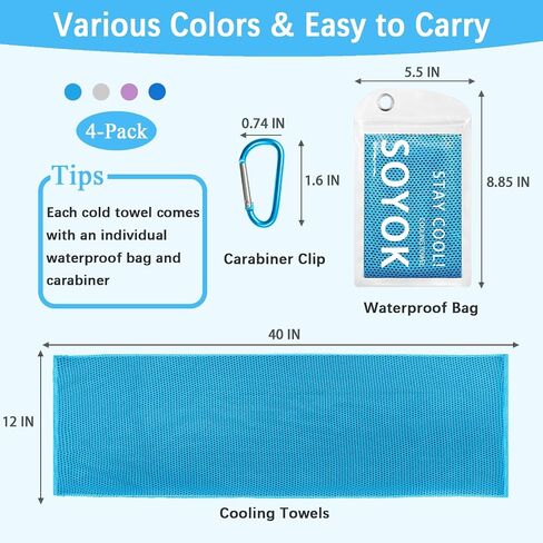 4 Packs Cooling Towels, 40" x 12" Microfiber Cooling Towels for Neck and Face, Soft Breathable Gym Towels for Working Out with Waterproof Bag & Carabiner, Sweat Towels for Running, Yoga, Travel, Climb in Saudi Arabia