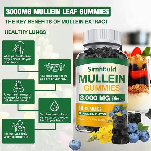 2 Pack Sugar Free 3000MG Mullein Gummies - Lung Cleanse, Mullein Leaf Extract Supplement for Respiratory, Organic Mullein Drops with Quercetin & Bromelain for Lung, Digestive Health & Immune in Saudi Arabia
