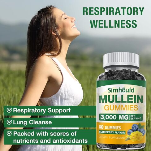 2 Pack Sugar Free 3000MG Mullein Gummies - Lung Cleanse, Mullein Leaf Extract Supplement for Respiratory, Organic Mullein Drops with Quercetin & Bromelain for Lung, Digestive Health & Immune in Saudi Arabia
