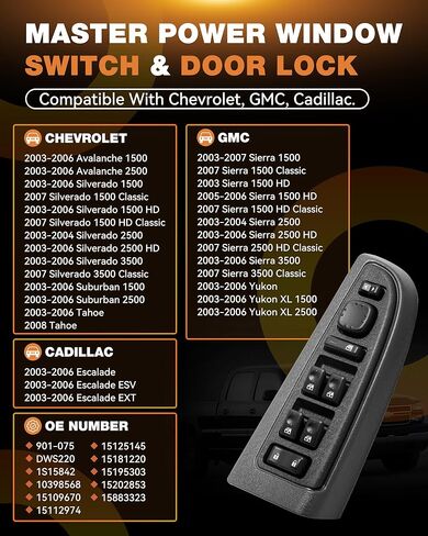 15883323 Master Power Window Switch & Bezel, Front Driver Side Door Lock Fit for 2003-2007 Chevy Avalanche Silverado Suburban Tahoe Cadillac Escalade GMC Yukon Sierra Yukon XL, 901-075 DWS-220 in Saudi Arabia