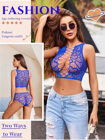 Avidlove Womens Fishnet Lingerie Set Sexy Two Piece Lingeries Hollow Out Stripper Outfit Heart Print Mesh Crop Tops in Saudi Arabia