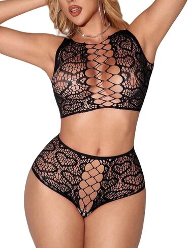 Avidlove Womens Fishnet Lingerie Set Sexy Sexy اثنين من الملابس الداخلية جوفاء Out متجرد الزي قلب طباعة قمم محصول in Saudi Arabia