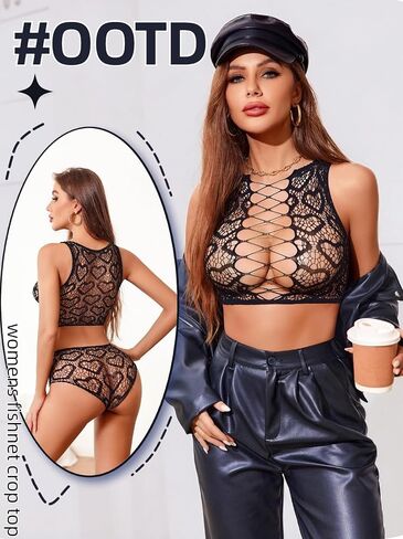 Avidlove Womens Fishnet Lingerie Set Sexy Sexy اثنين من الملابس الداخلية جوفاء Out متجرد الزي قلب طباعة قمم محصول in Saudi Arabia
