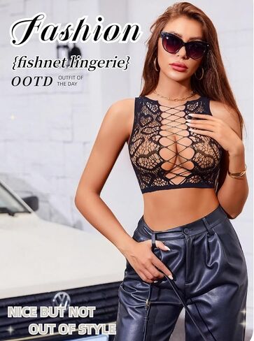 Avidlove Womens Fishnet Lingerie Set Sexy Sexy اثنين من الملابس الداخلية جوفاء Out متجرد الزي قلب طباعة قمم محصول in Saudi Arabia