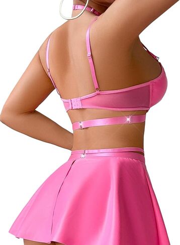 Sexy Stocking Chain Strappy Pu Leather Underwire Choker Mini Skirt Dress Lingerie Set with Thong 4 Piece Outfits in Saudi Arabia