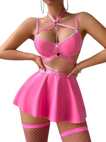 Sexy Stocking Chain Strappy Pu Leather Underwire Choker Mini Skirt Dress Lingerie Set with Thong 4 Piece Outfits in Saudi Arabia