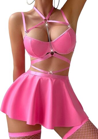 Sexy Stocking Chain Strappy Pu Leather Underwire Choker Mini Skirt Dress Lingerie Set with Thong 4 Piece Outfits in Saudi Arabia