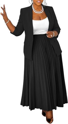 Women's Plus Size 2 Piece Outfits Casual Open Front Blazer and High Waist Pleated Maxi Skirt Sets Business Suits in Kuwait