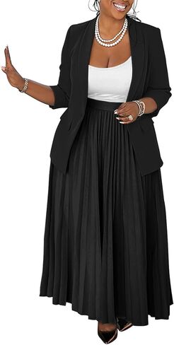 Women's Plus Size 2 Piece Outfits Casual Open Front Blazer and High Waist Pleated Maxi Skirt Sets Business Suits in Kuwait