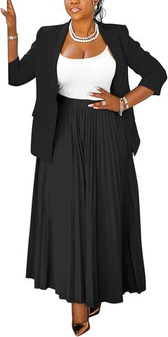 Women's Plus Size 2 Piece Outfits Casual Open Front Blazer and High Waist Pleated Maxi Skirt Sets Business Suits in Kuwait